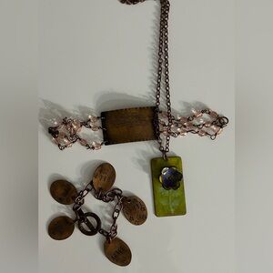 Hand Made stamped etched and enameled copper bracelets necklace
